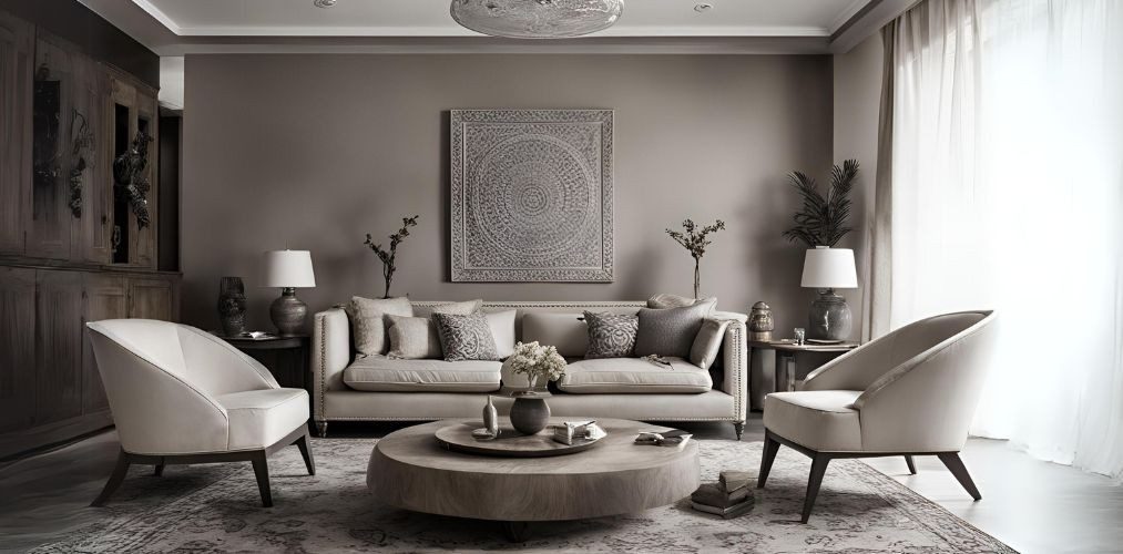 Monochromatic indian living room with grey accent chairs - Beautiful Homes