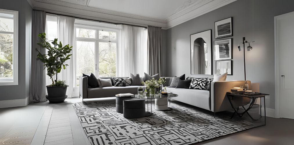 Monochromatic living room with grey seating and carpet - Beautiful Homes