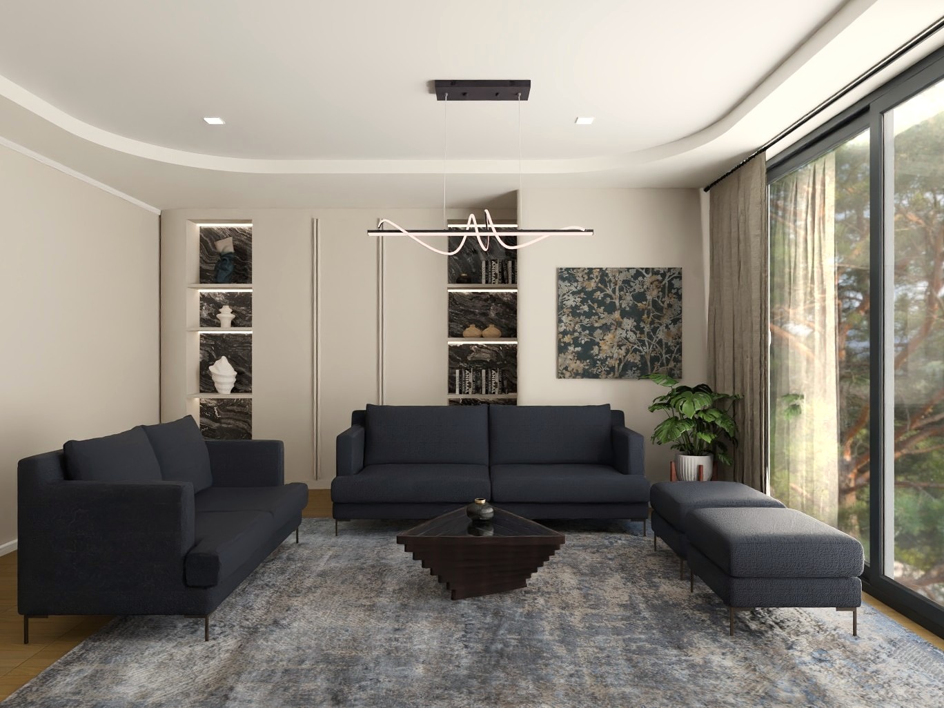 Stylish living room with blue sofa and décor - Beautiful Homes