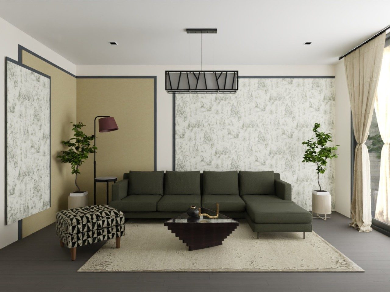 Living room with green sofa and modern décor - Beautiful Homes