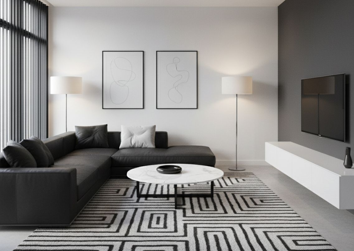 Modern living room with grey sofa and geometric carpet - Beautiful Homes