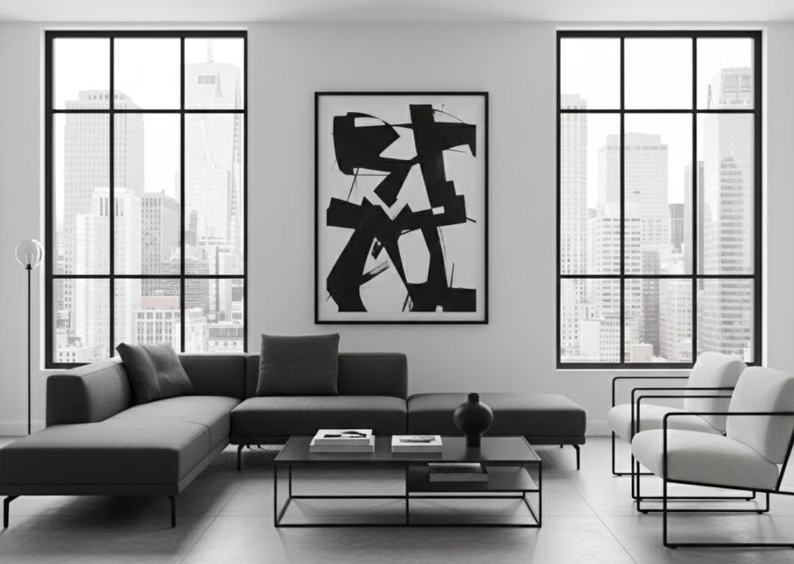 Minimalist living room with large windows and grey sofa - Beautiful Homes