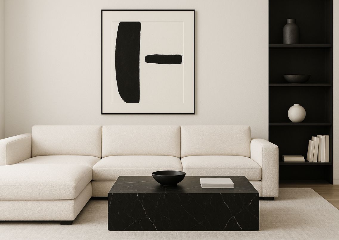 Living room with white sofa and black table - Beautiful Homes