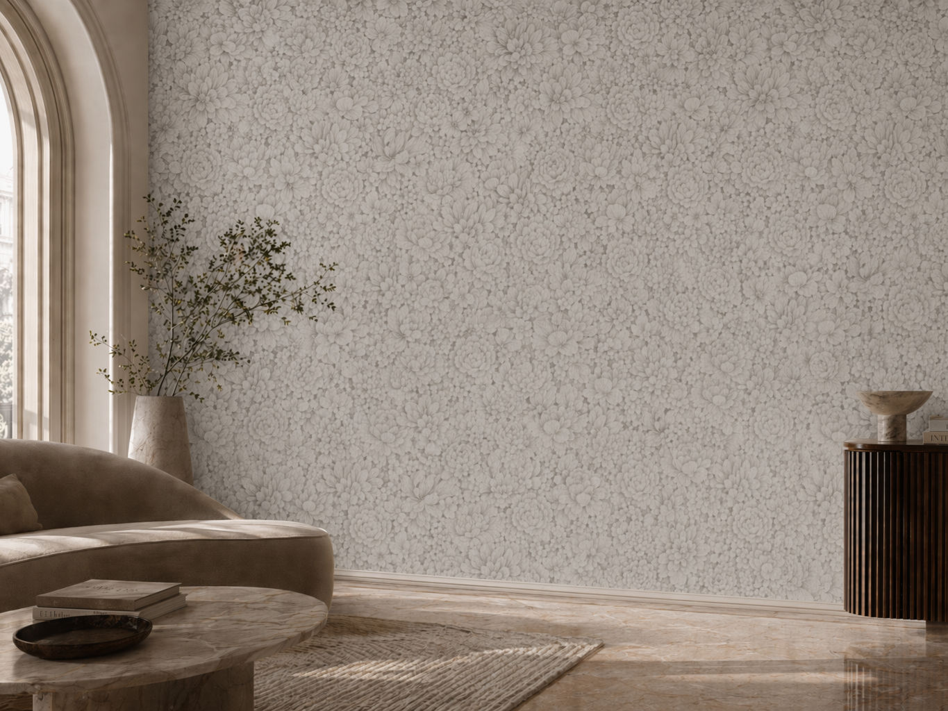 Light grey and white wallpaper with a dense floral pattern - Beautiful Homes