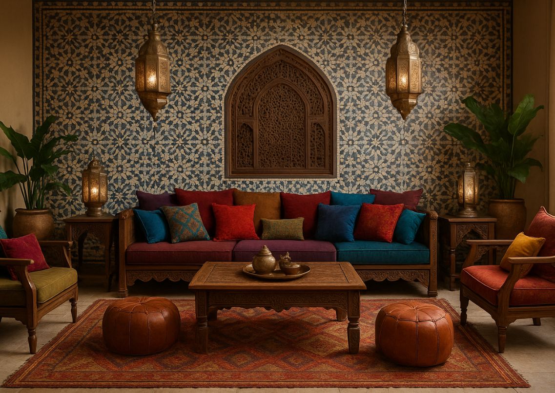 Moroccan living room with vibrant décor and oriental rug - Beautiful Homes