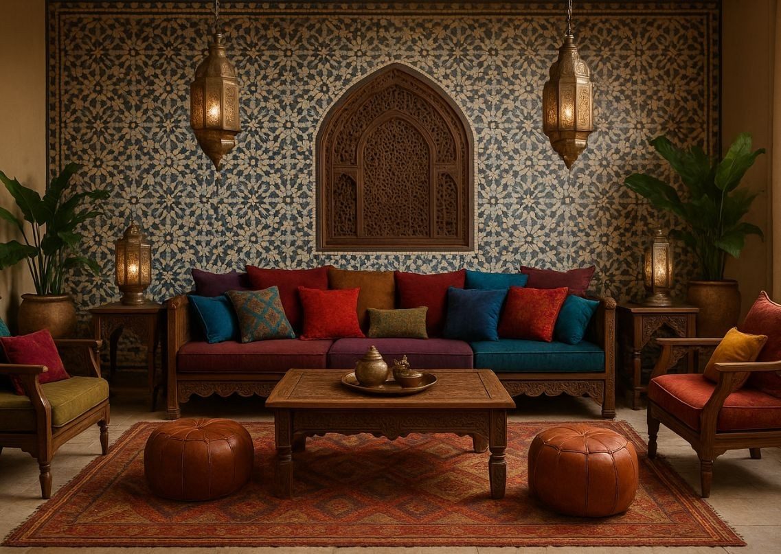 Moroccan living room with vibrant décor and oriental rug - Beautiful Homes