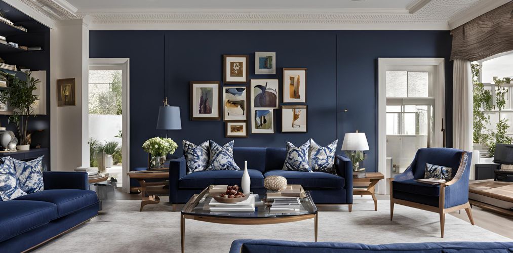 Navy blue living room with wooden sofa sets - Beautiful Homes