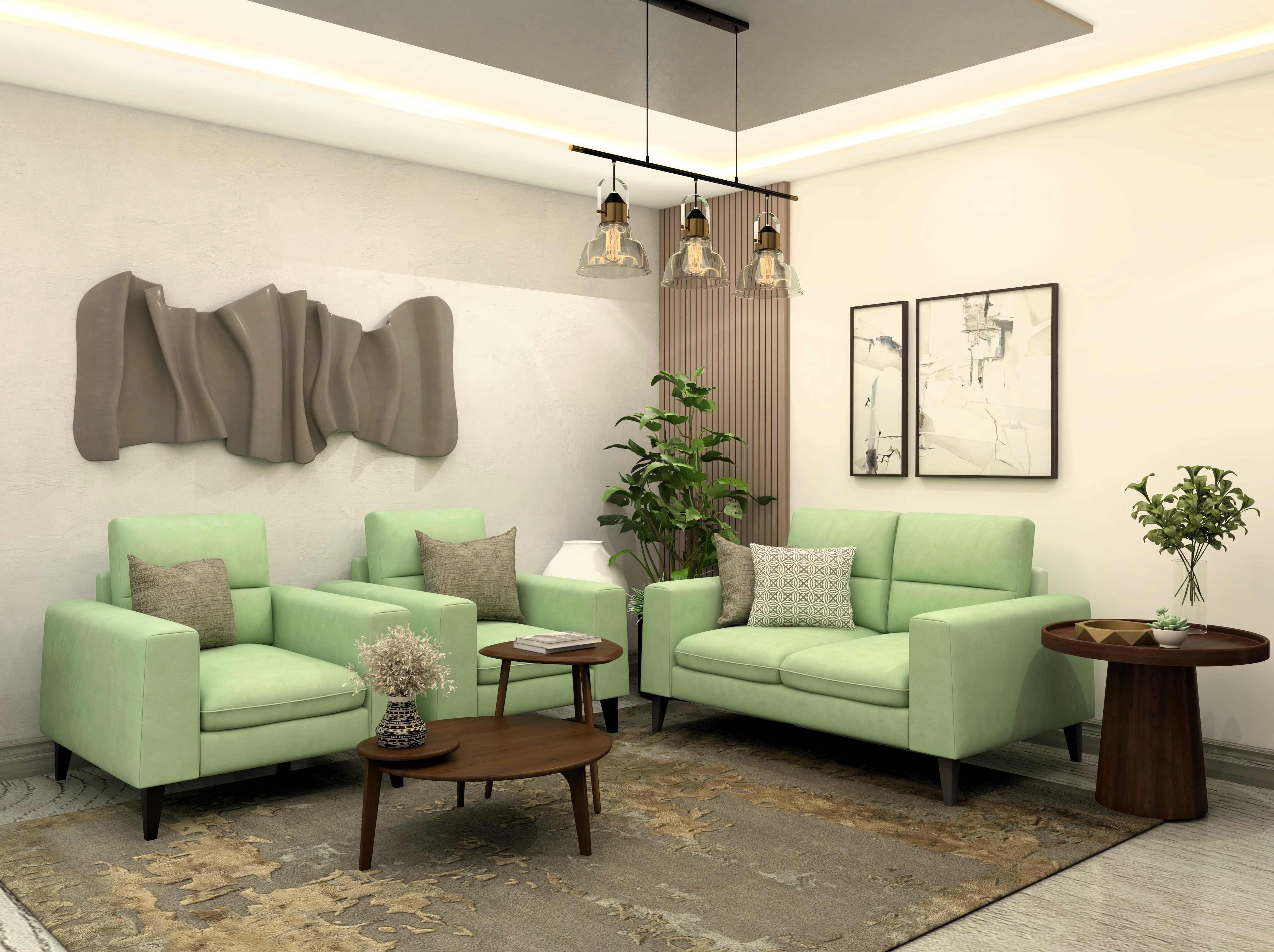 Neutral living room with mint green sofa and wooden tables-Beautiful Homes