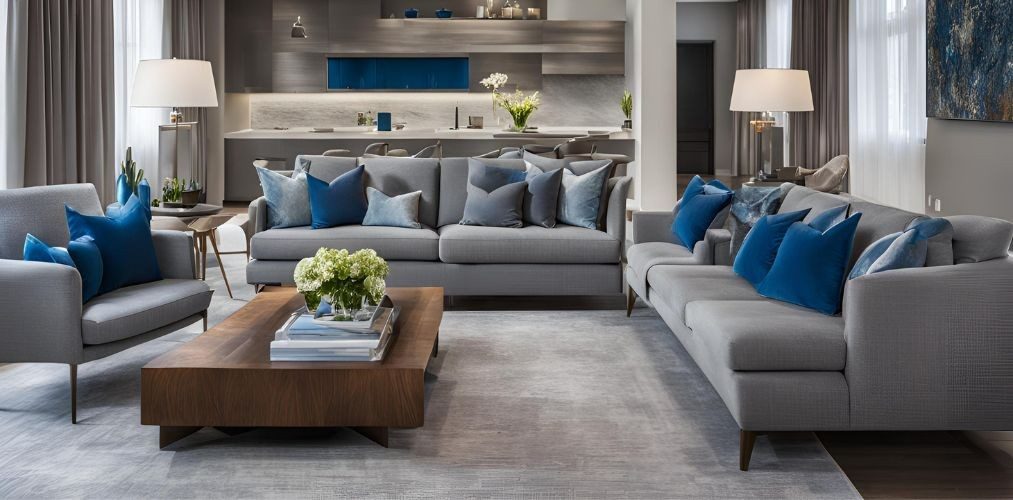 Open living room with grey sofas and blue accent pillows - Beautiful Homes