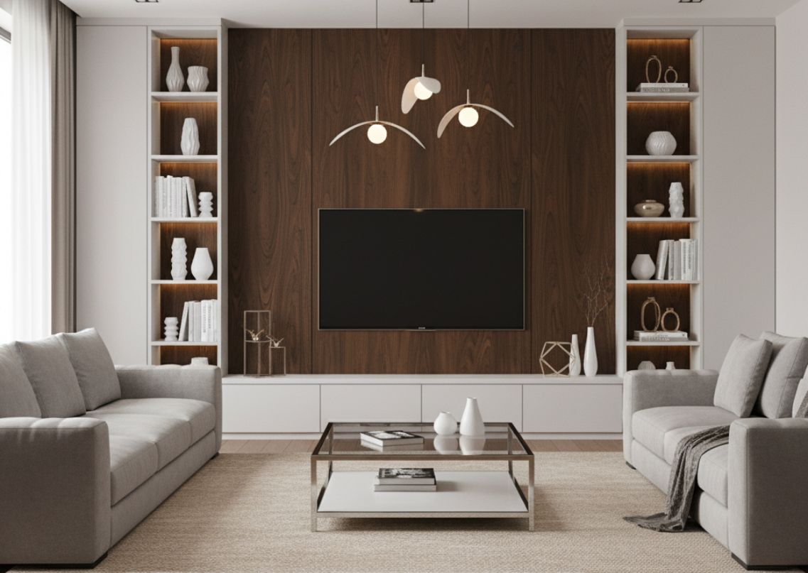 Living room with wooden panel, grey sofa, and shelves - Beautiful Homes