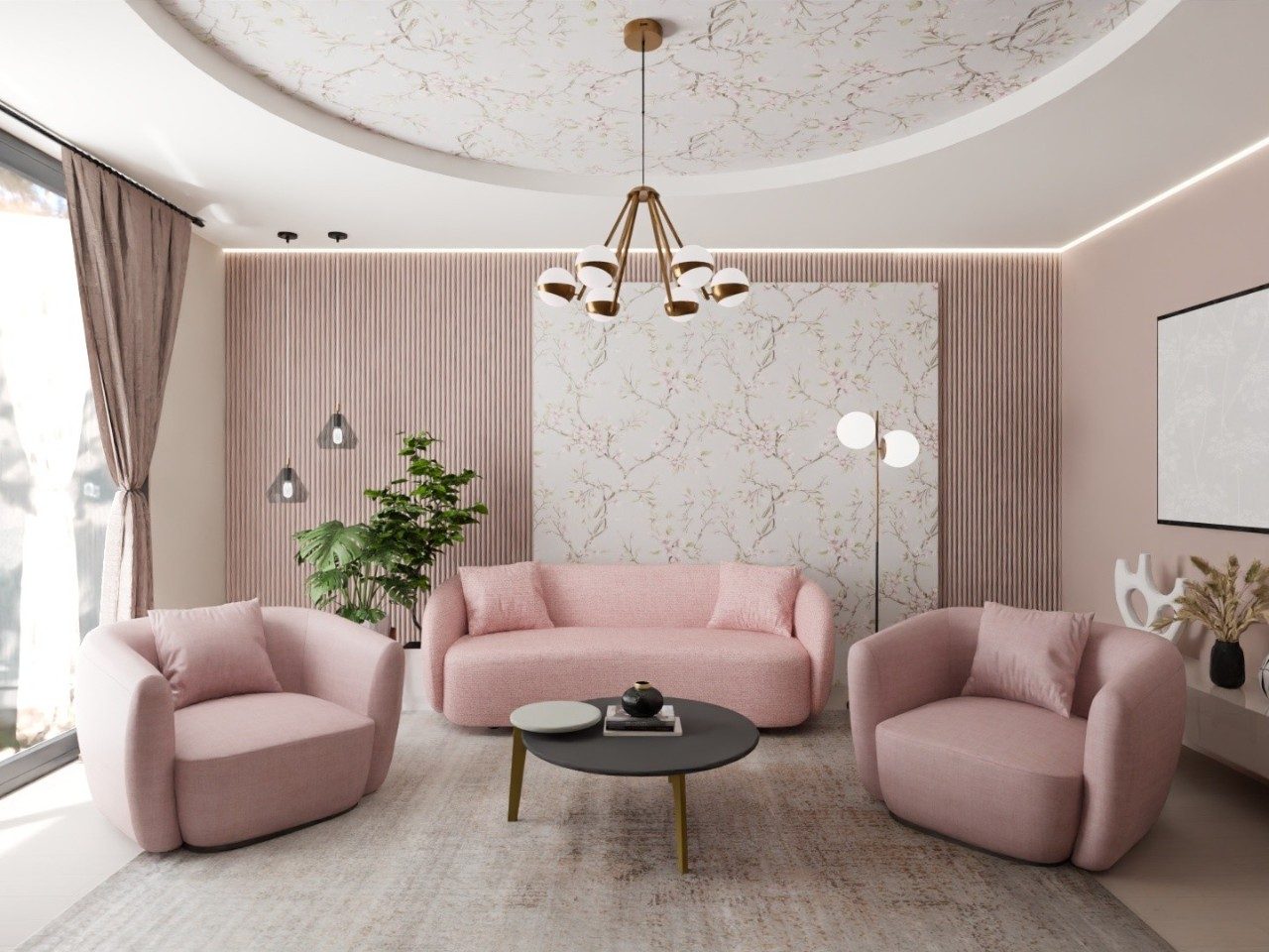 Pastel pink living room with floral walls. - Beautiful Homes