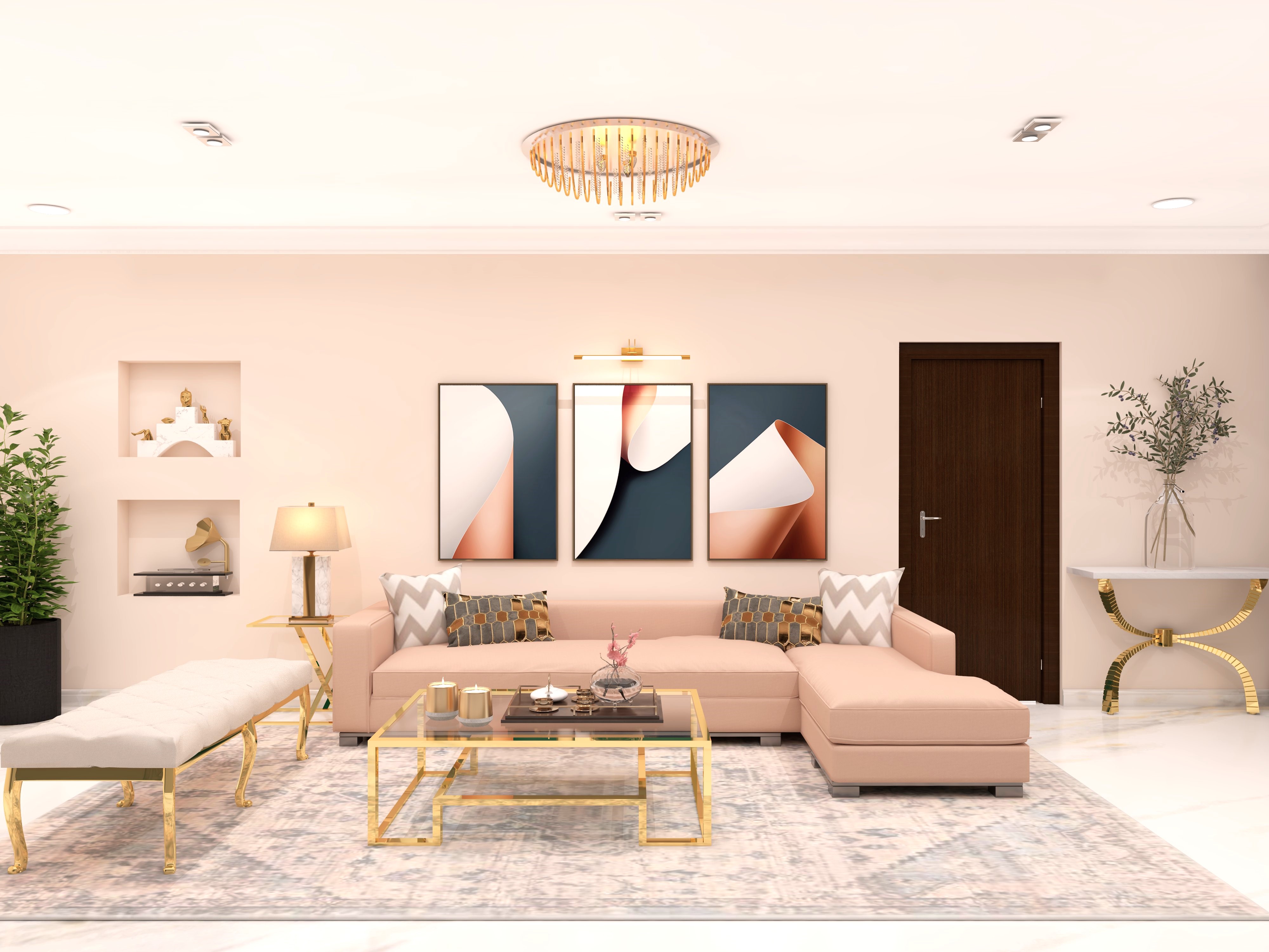 Pink living room with golden accents and artwork-Beautiful Homes