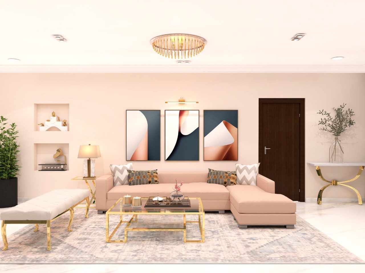 Pink living room with golden accents and artwork-Beautiful Homes