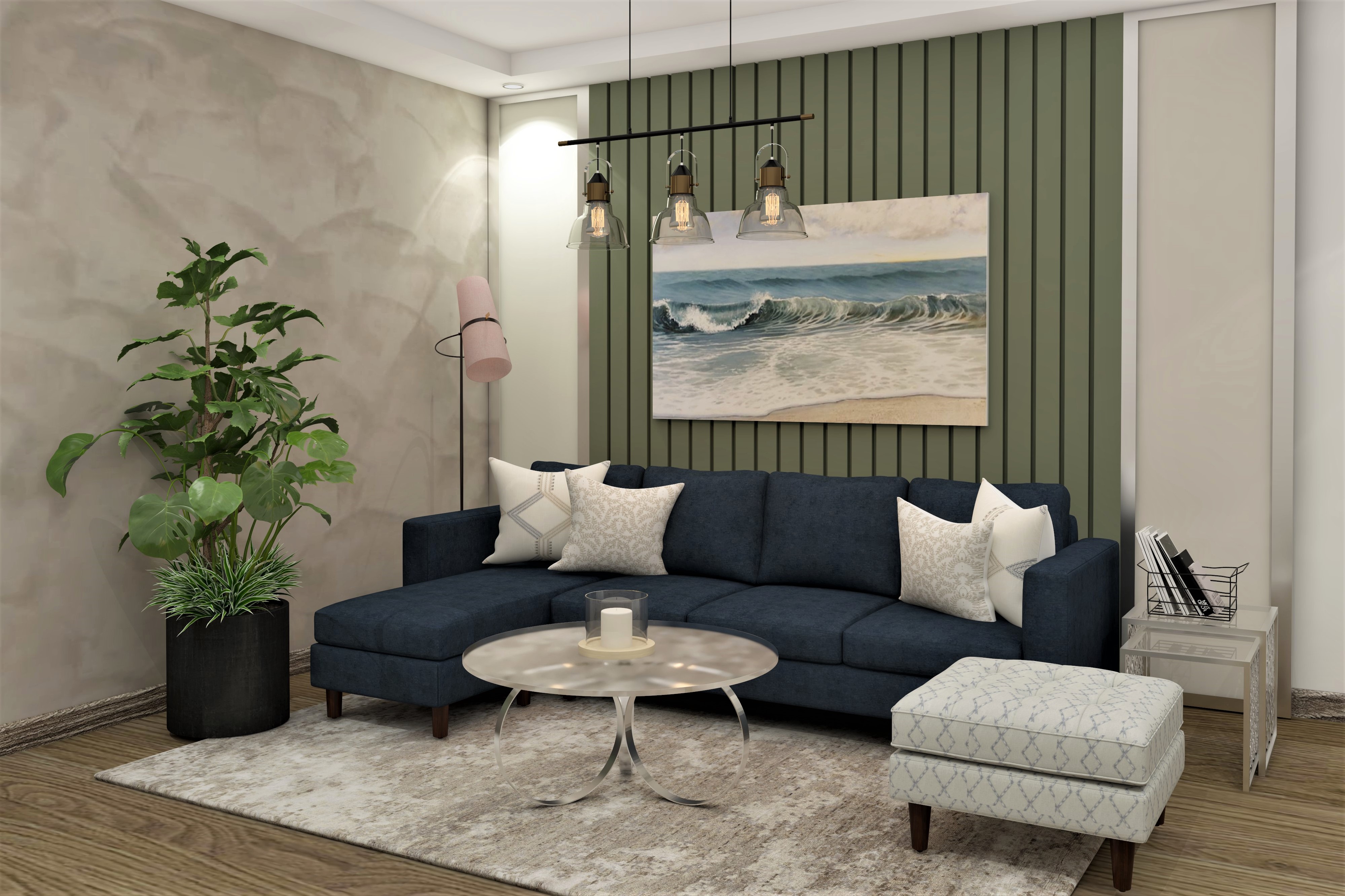 Small living room with blue sofa and green wall paneling-Beautiful Homes