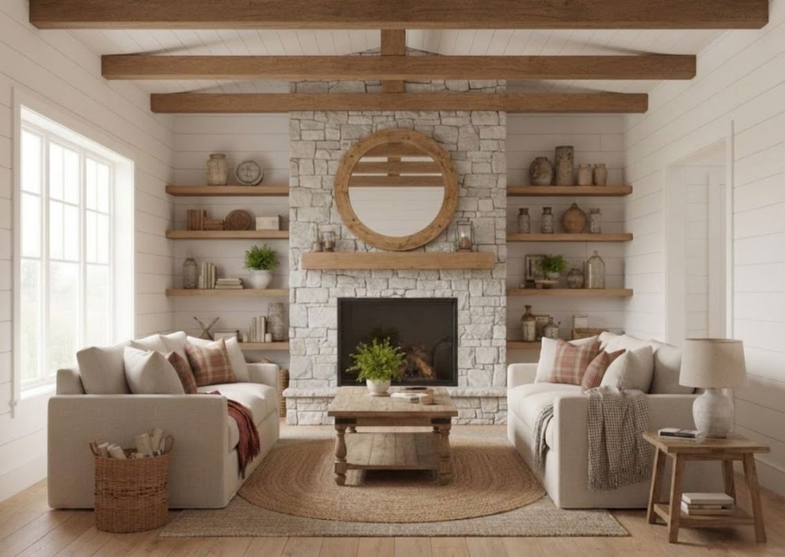 Living room with stone fireplace and wood décor - Beautiful Homes
