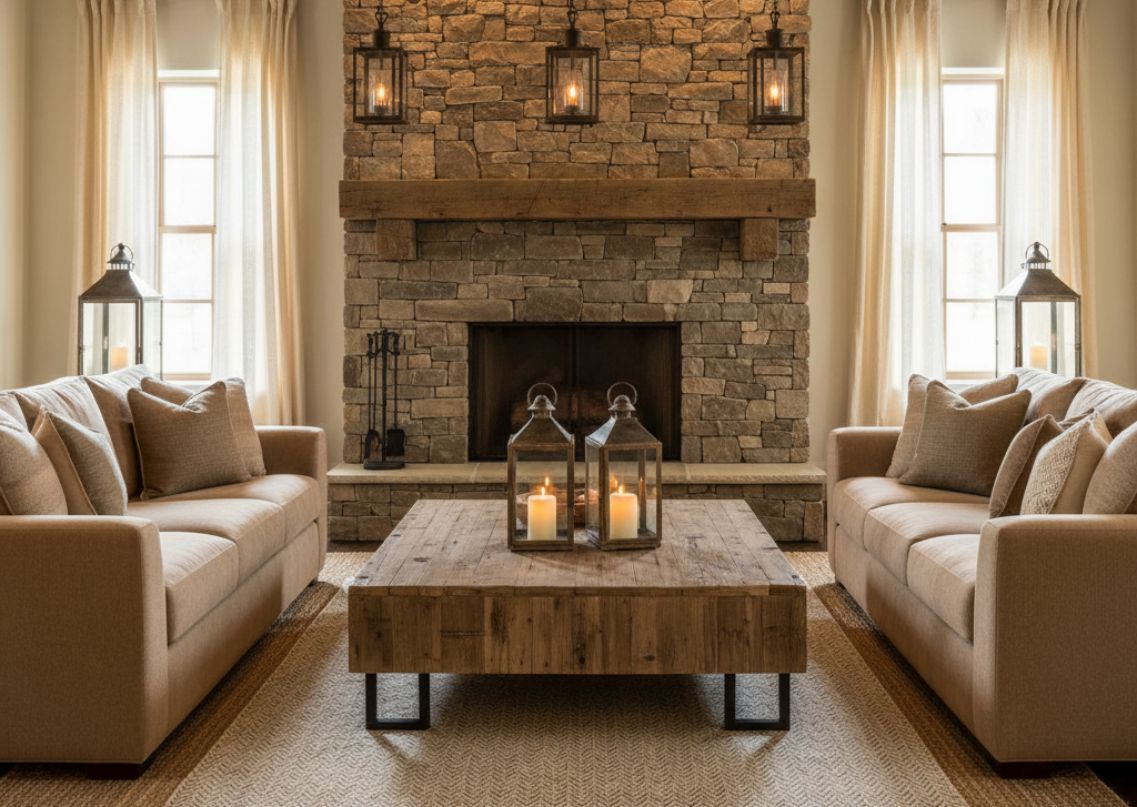 Farmhouse living room with stone fireplace and wooden table - Beautiful Homes