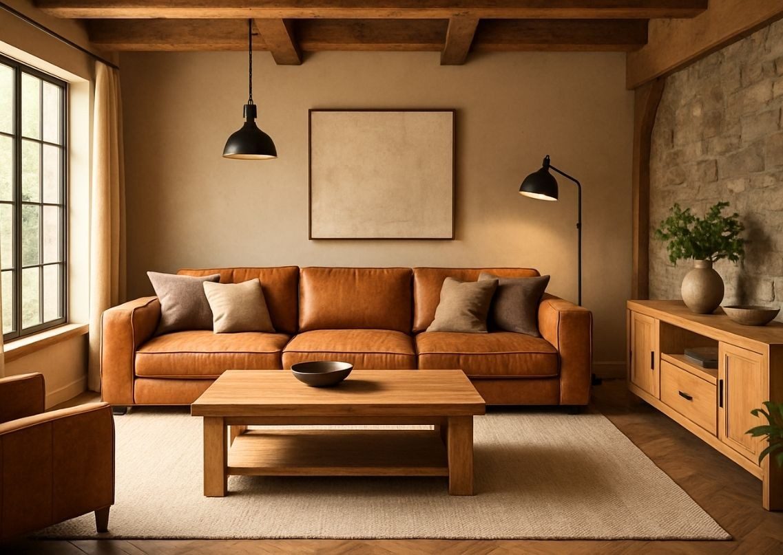 Living room with leather sofa and wooden accents - Beautiful Homes