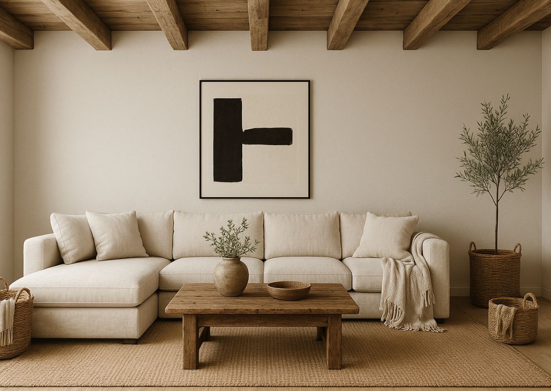 Living room with beige sofa and wooden table - Beautiful Homes