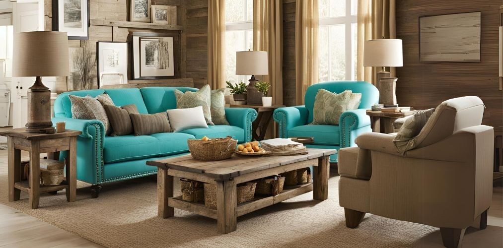 Rustic living room with turquoise sofa and center table - Beautiful Homes