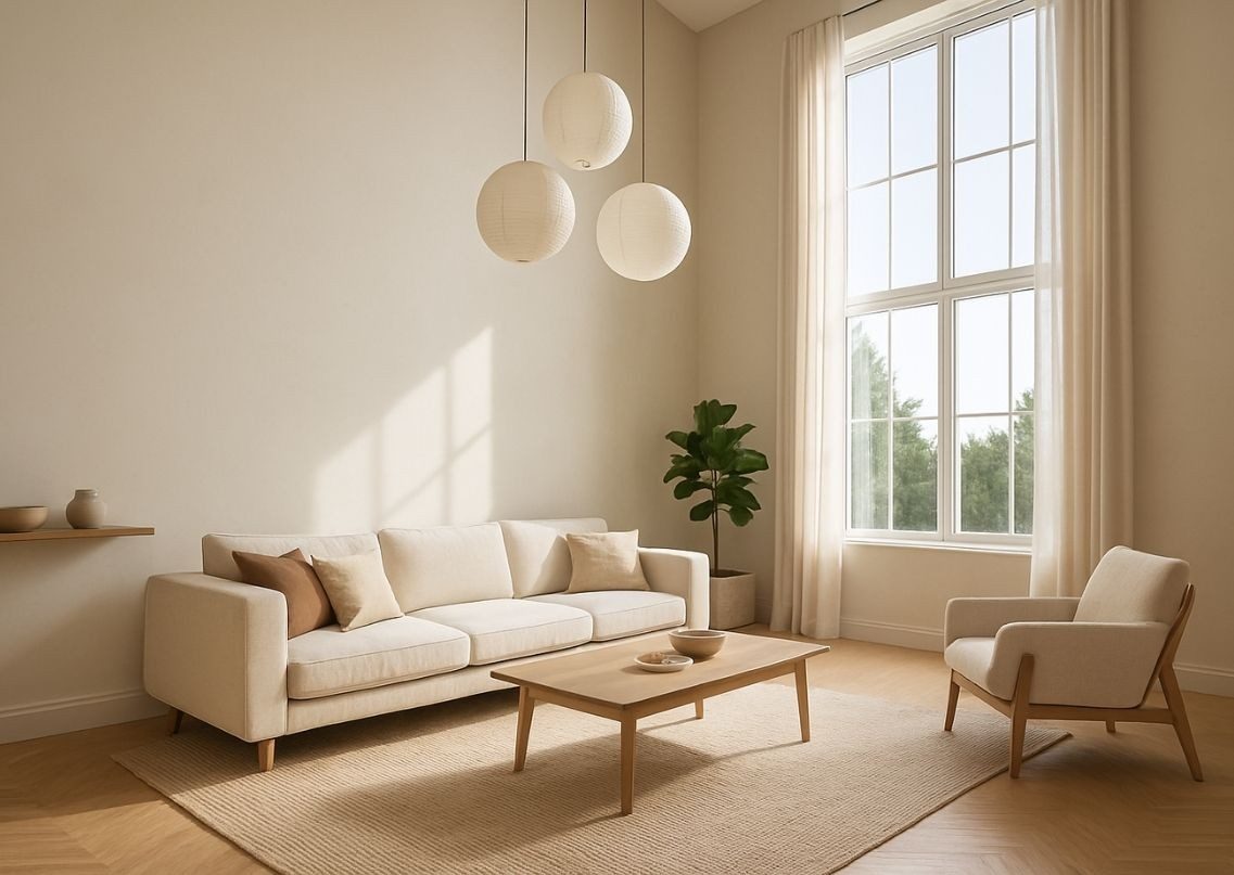 Minimalist living room with beige tones and natural light - Beautiful Homes