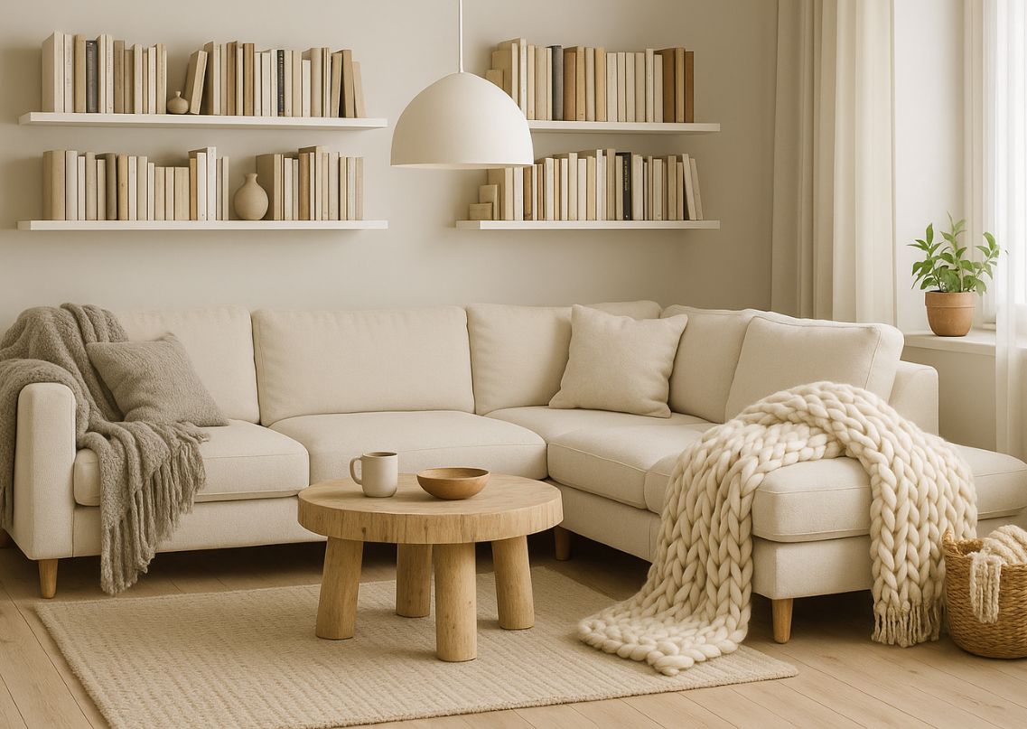Neutral living room with beige sofa and wood accents - Beautiful Homes