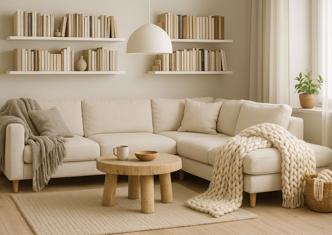 Neutral living room with beige sofa and wood accents - Beautiful Homes