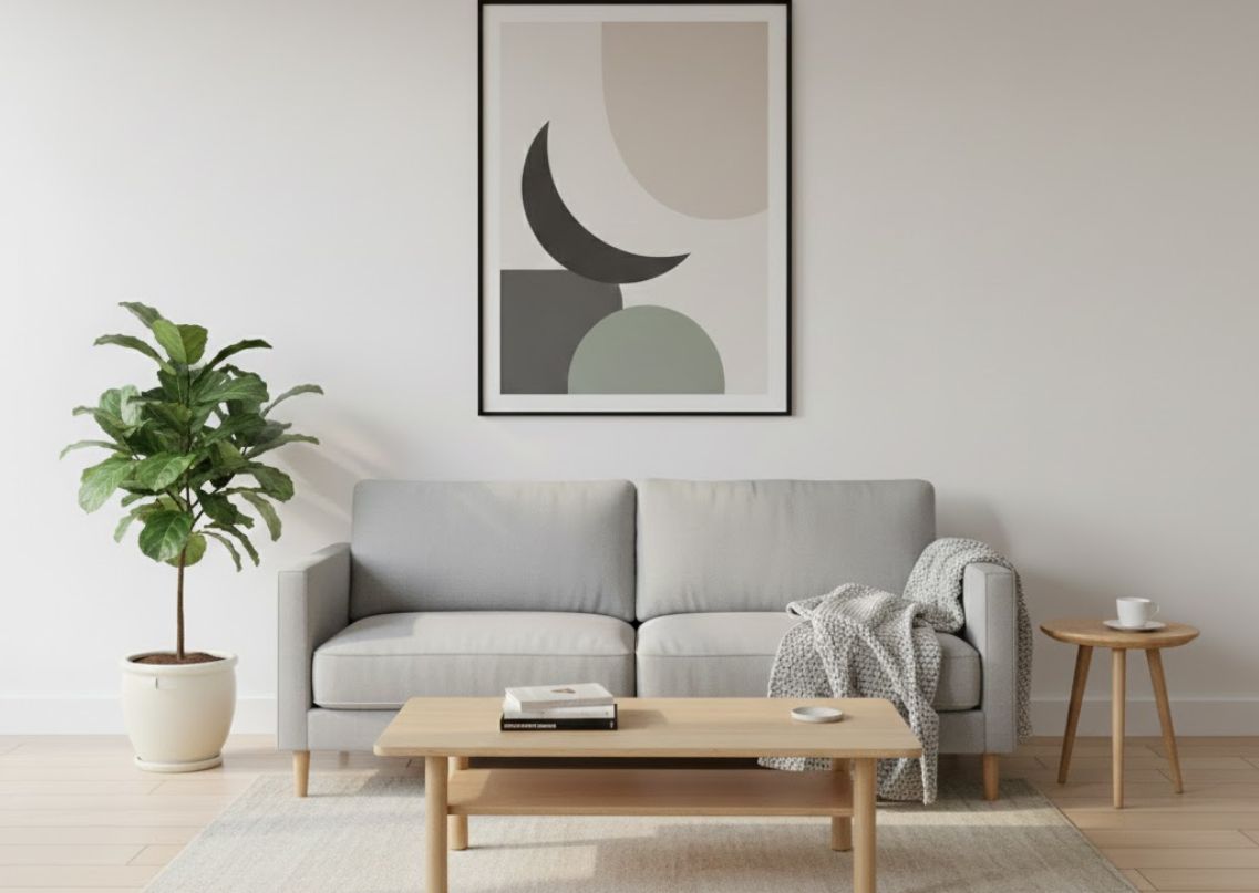 Living room with grey sofa and abstract painting - Beautiful Homes