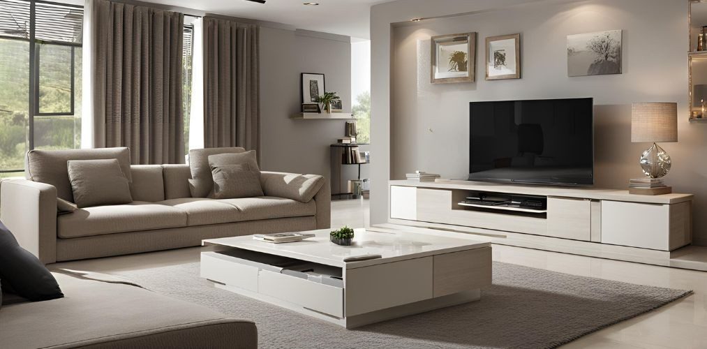 Simple contemporary living room with center table with drawers - Beautiful Homes