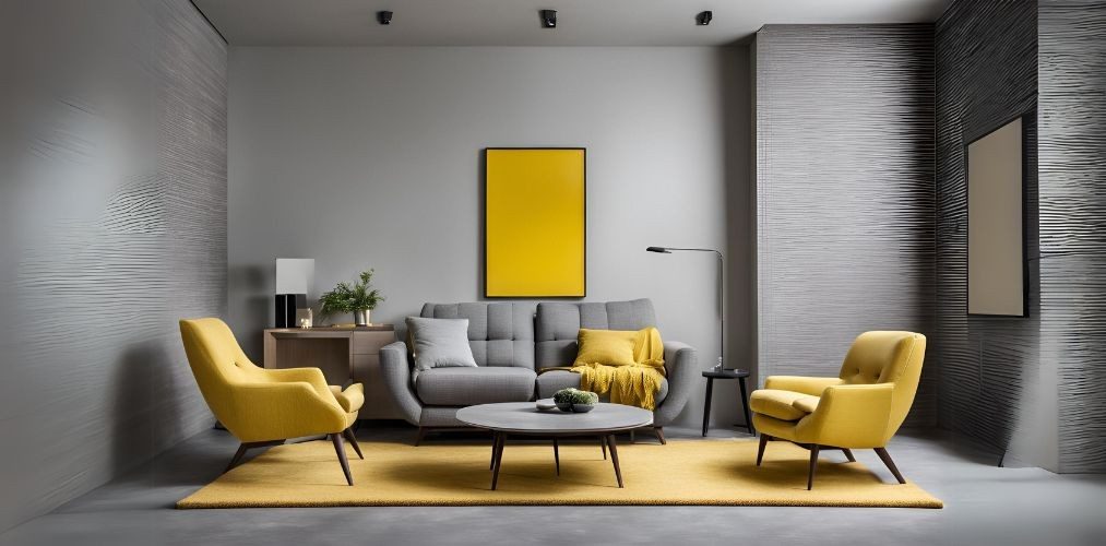 Simple grey living room with textured walls and yellow chairs - Beautiful Homes