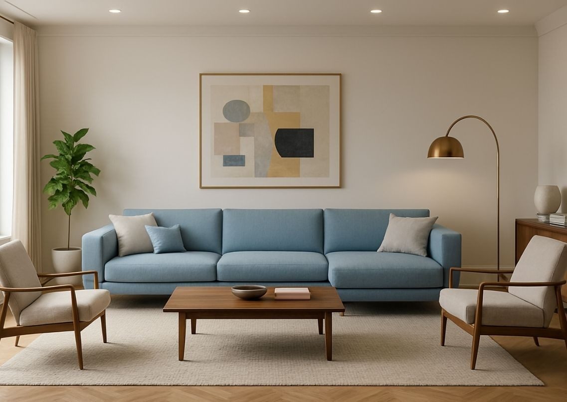 Living room with blue sofa and wooden furniture - Beautiful Homes