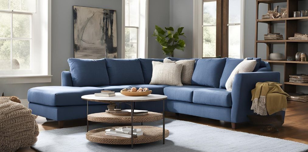 Simple living room with blue sectional sofa - Beautiful Homes