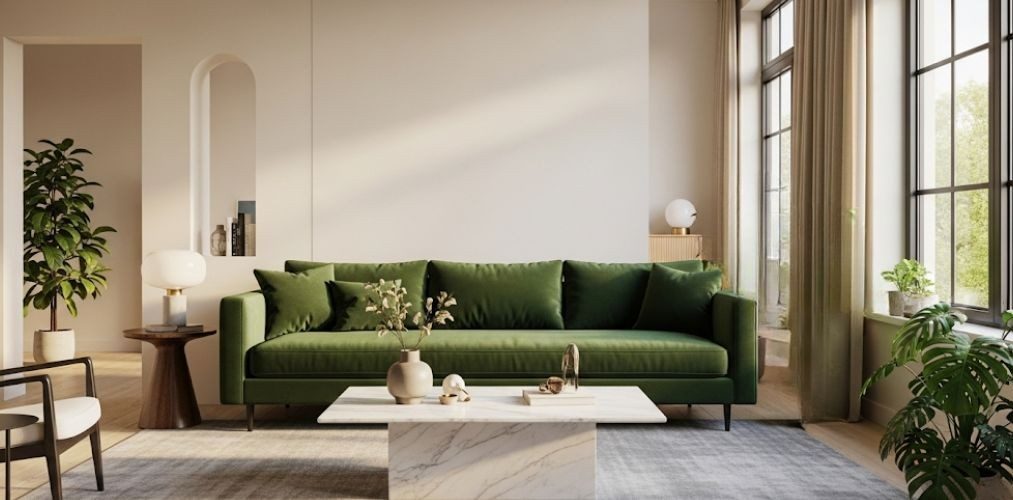 Living room with green sofa and marble table - Beautiful Homes