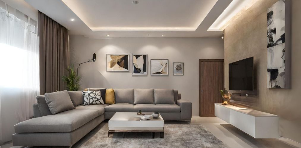 Simple living room with grey sofa and white tv unit drawers-Beautiful Homes