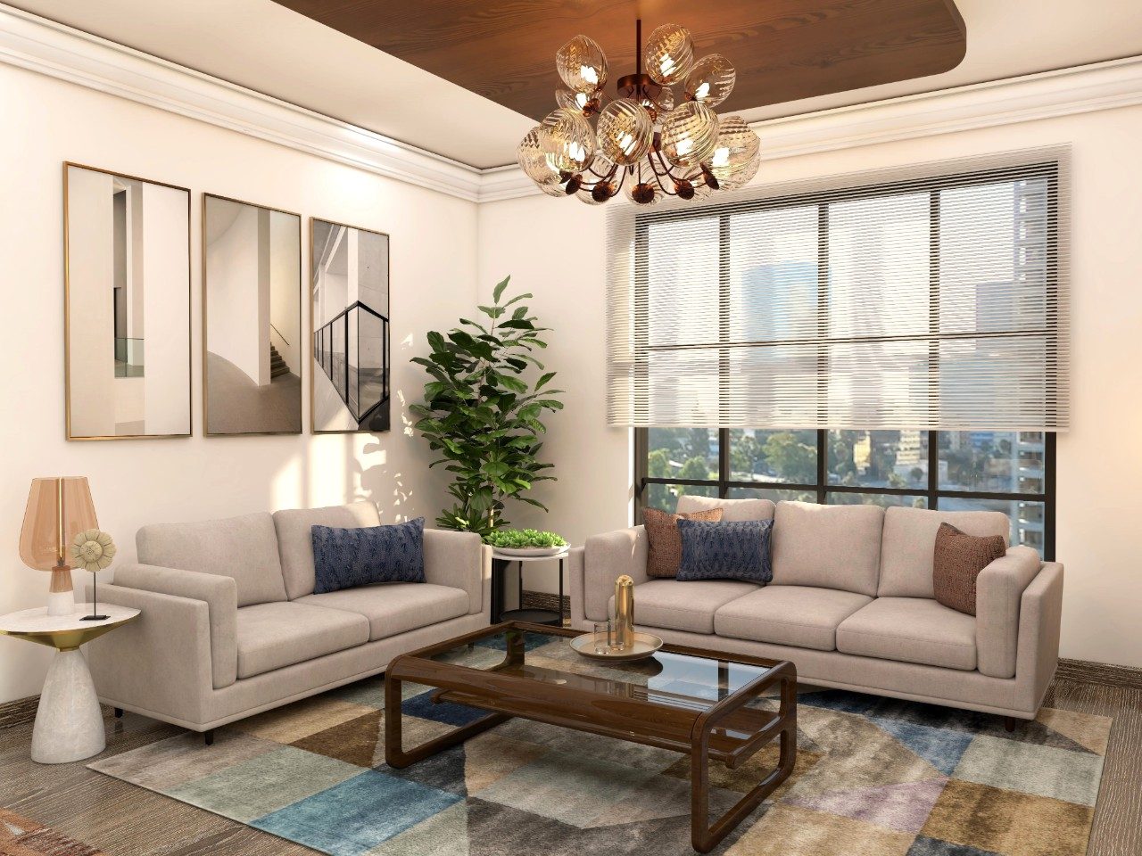 Simple living room with light grey upholstered sofa set and colourful carpet - Beautiful Homes