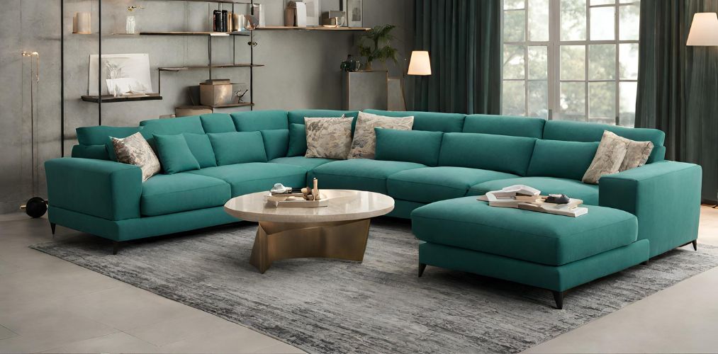 Simple living room with teal sofa set and round coffee table - Beautiful Homes