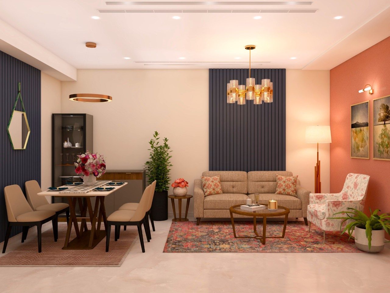 Simple living room with two seater sofa set with accent chair and dining table with crockery unit-Beautiful Homes