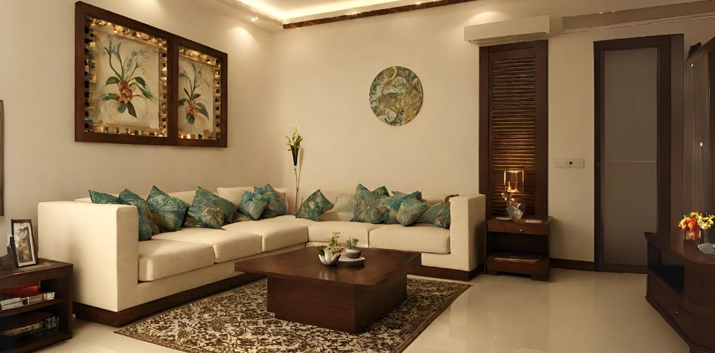 Simple living room with white l-shaped sofa set - Beautiful Homes