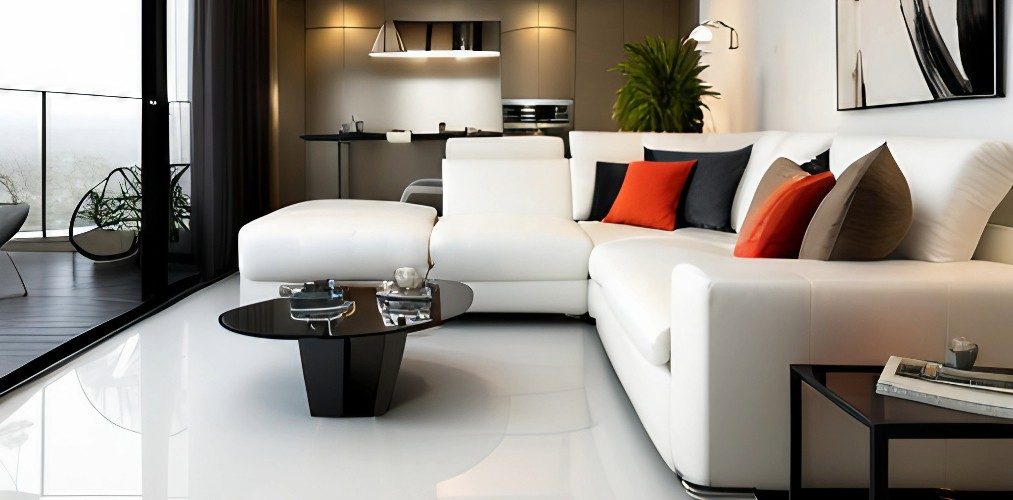 Simple living room with white sofa and white floor tiles-Beautiful Homes