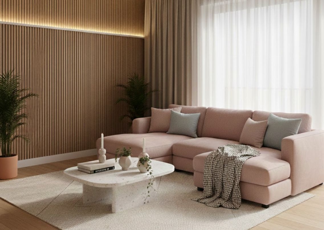 Living room with pink sofa and wooden wall - Beautiful Homes