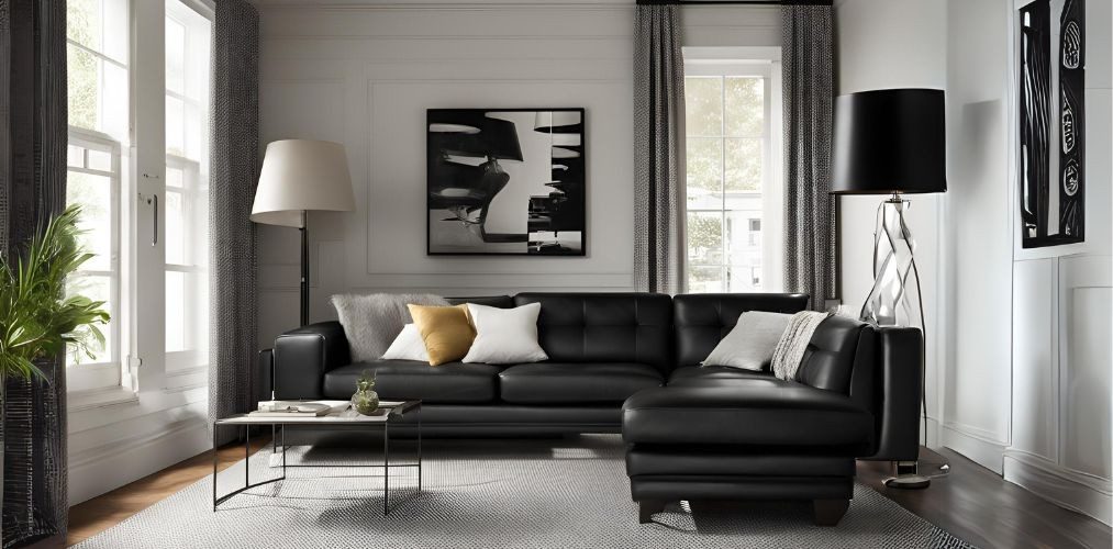 Small contemporary living room with black leather sofa - Beautiful Homes