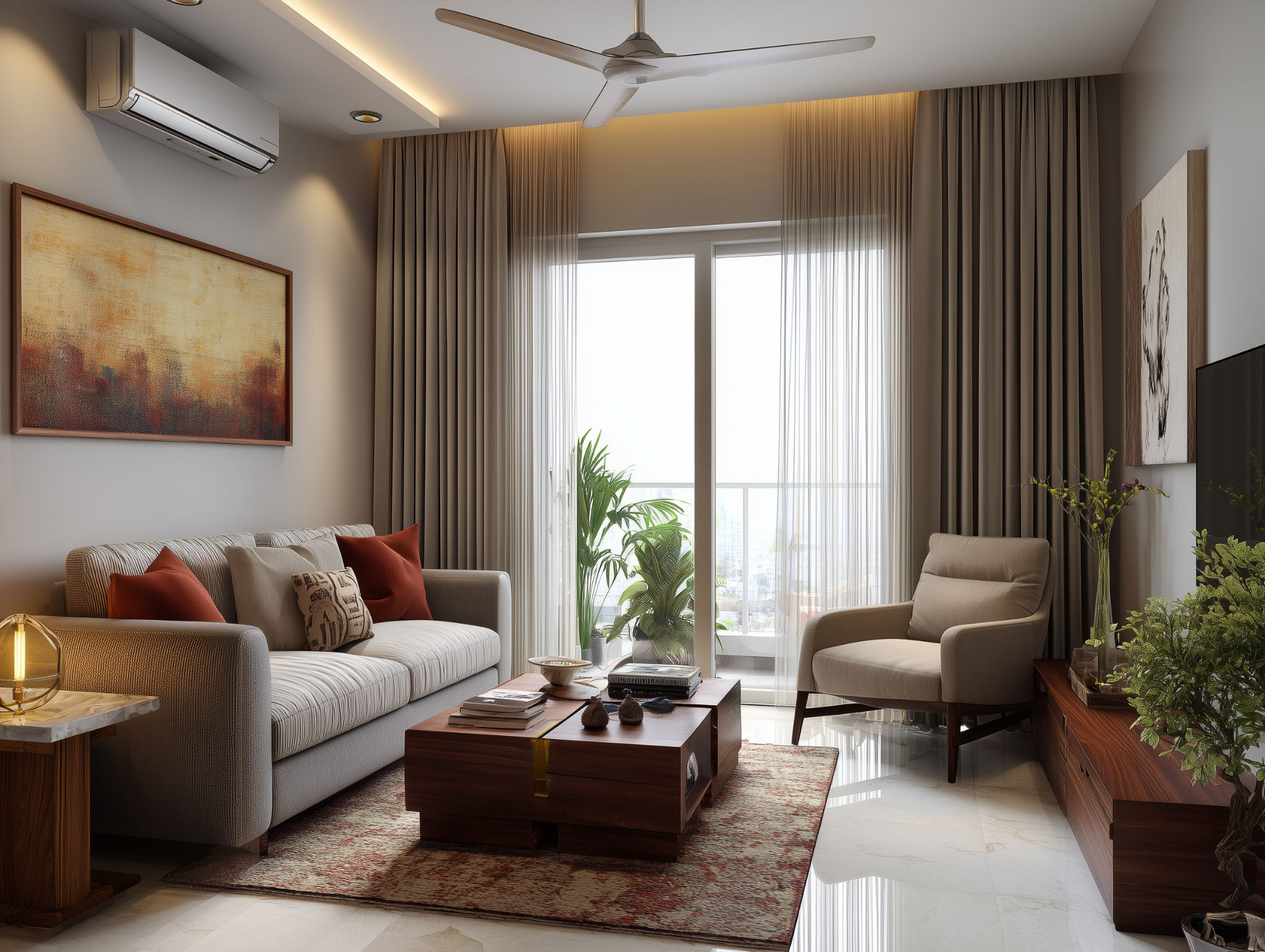 Living room with sofa, armchair, and décor elements - Beautiful Homes