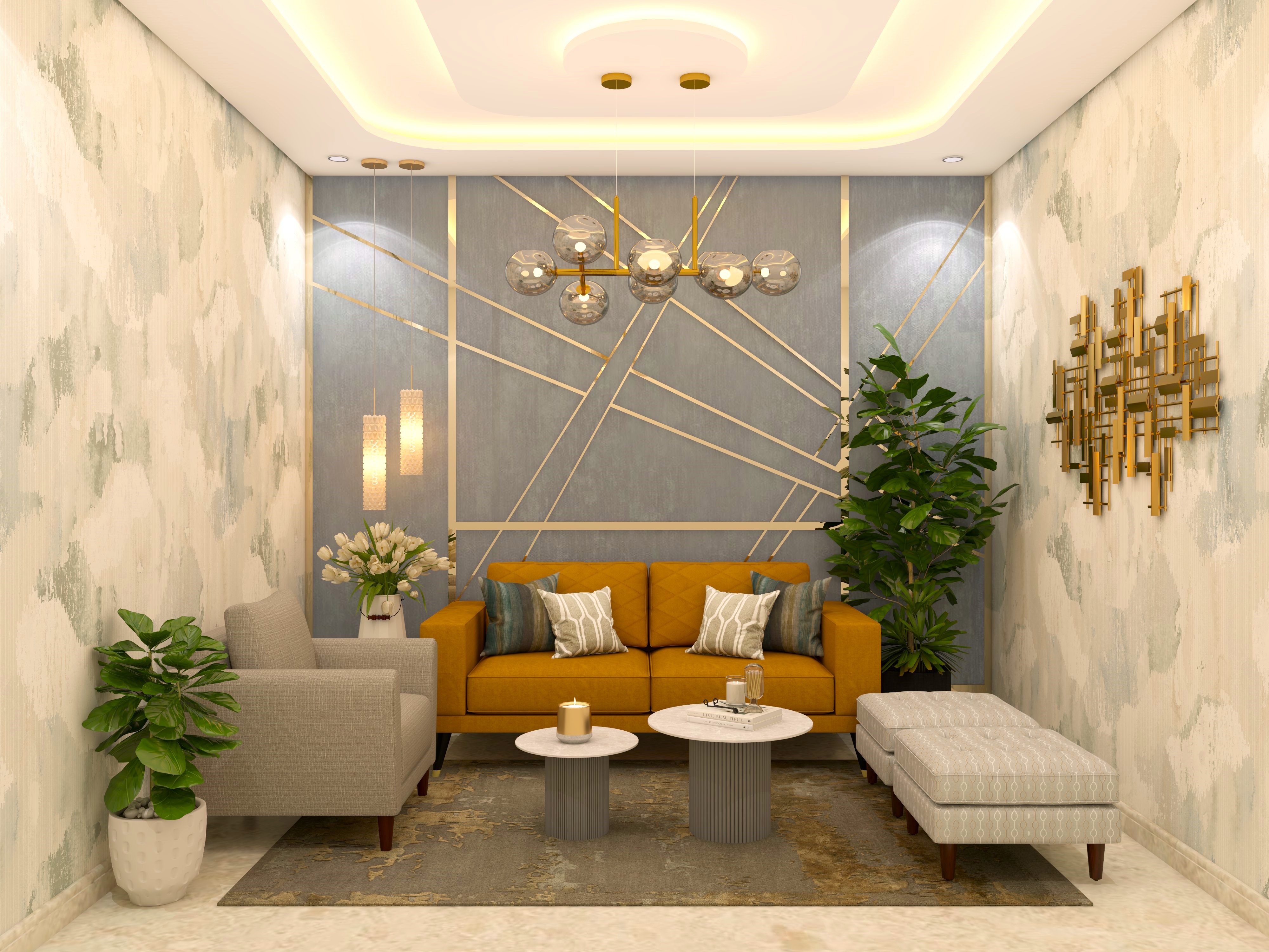 Small living room with orange leather sofa and paneling with golden strips-Beautiful Homes