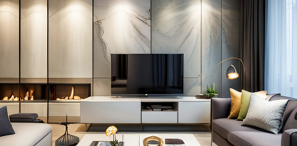 Living room design with white tv unit and grey sofa-Beautiful Homes