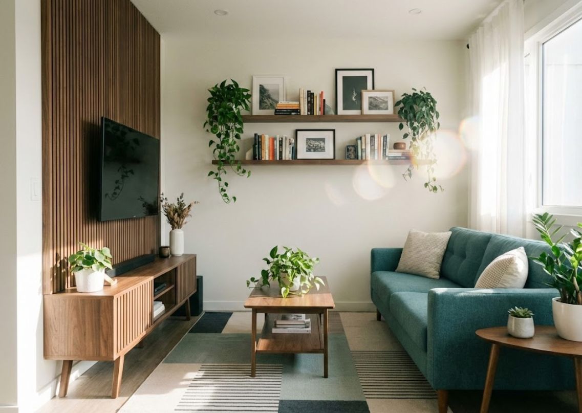 Living room with teal sofa and wooden elements - Beautiful Homes