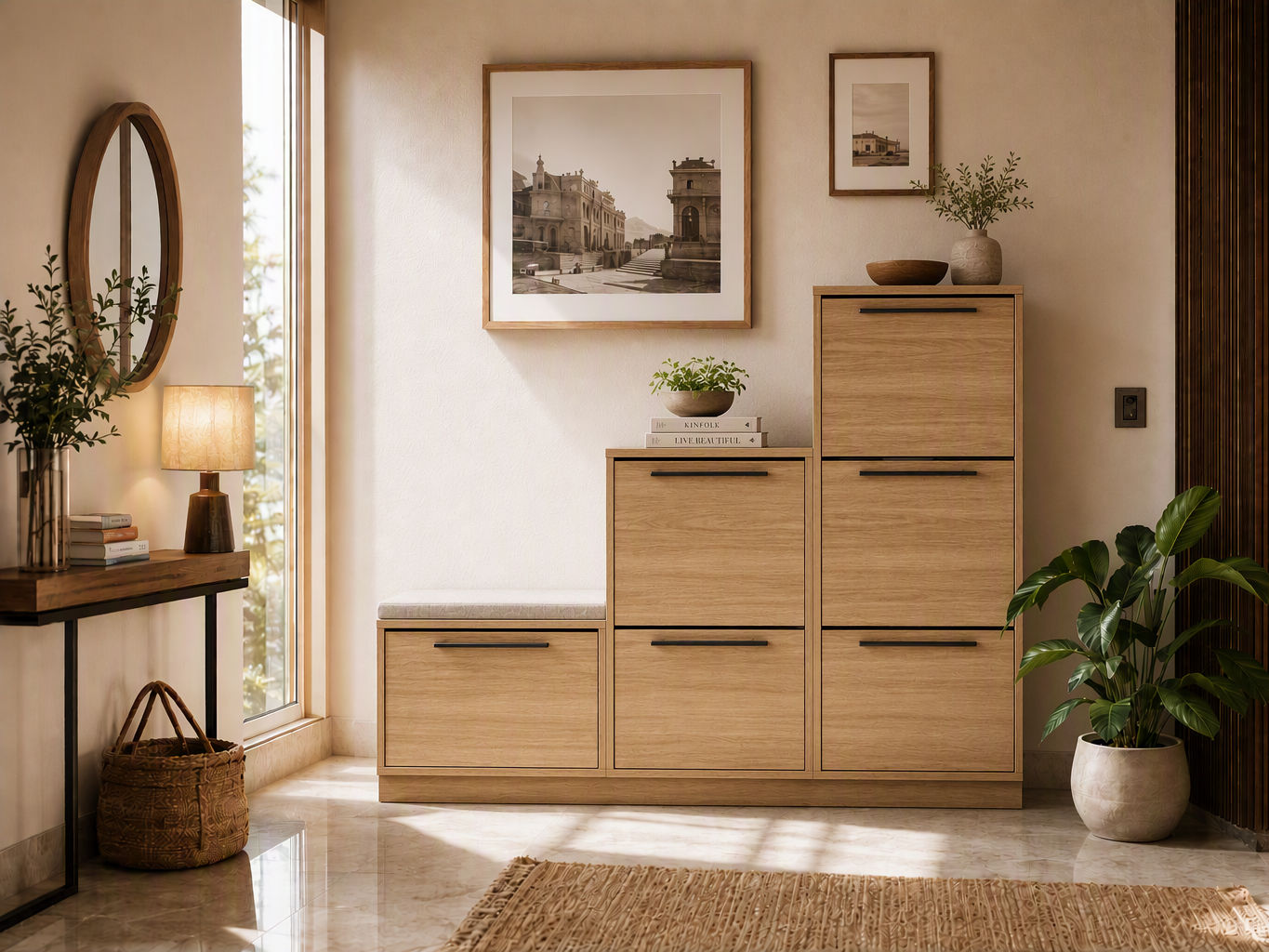 Modern light oak stepped foyer shoe cabinet featuring integrated cushioned seating and slim black handles - Beautiful Homes