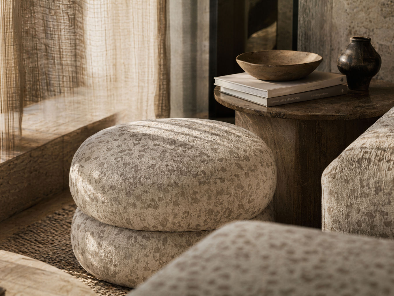 Soft upholstered poufs and seating in mottled beige fabric - Beautiful Homes