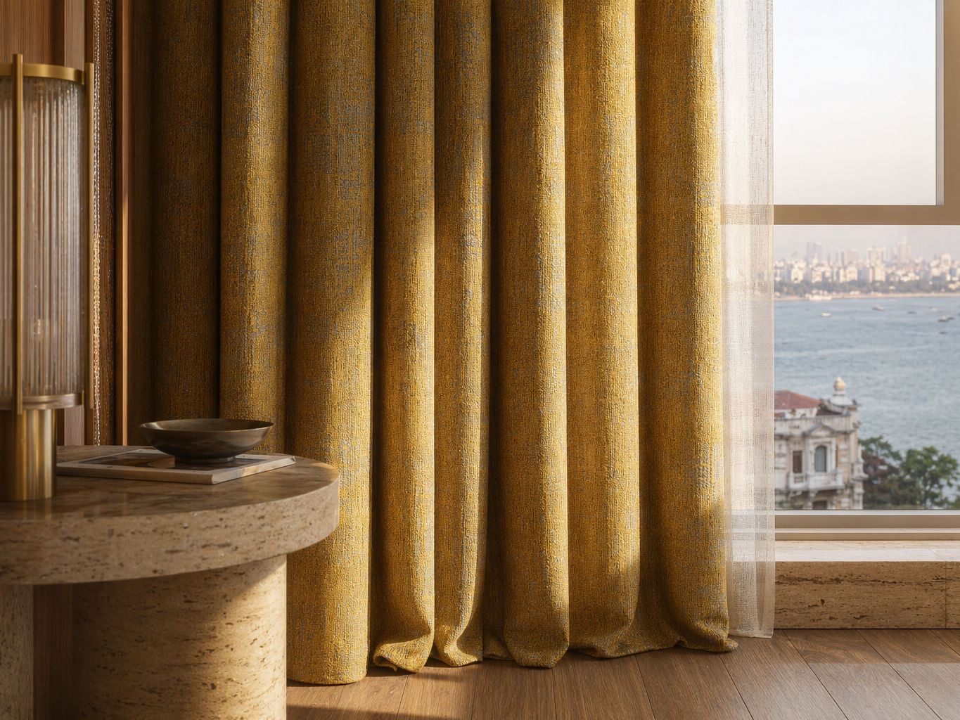 Heavy floor-length curtains in a mustard yellow textured weave with subtle grey-blue undertones - Beautiful Homes