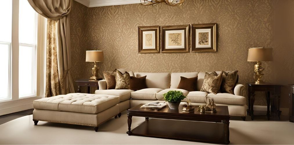 Traditional gold-toned living room with beige sofa and damask wallpaper - Beautiful Homes