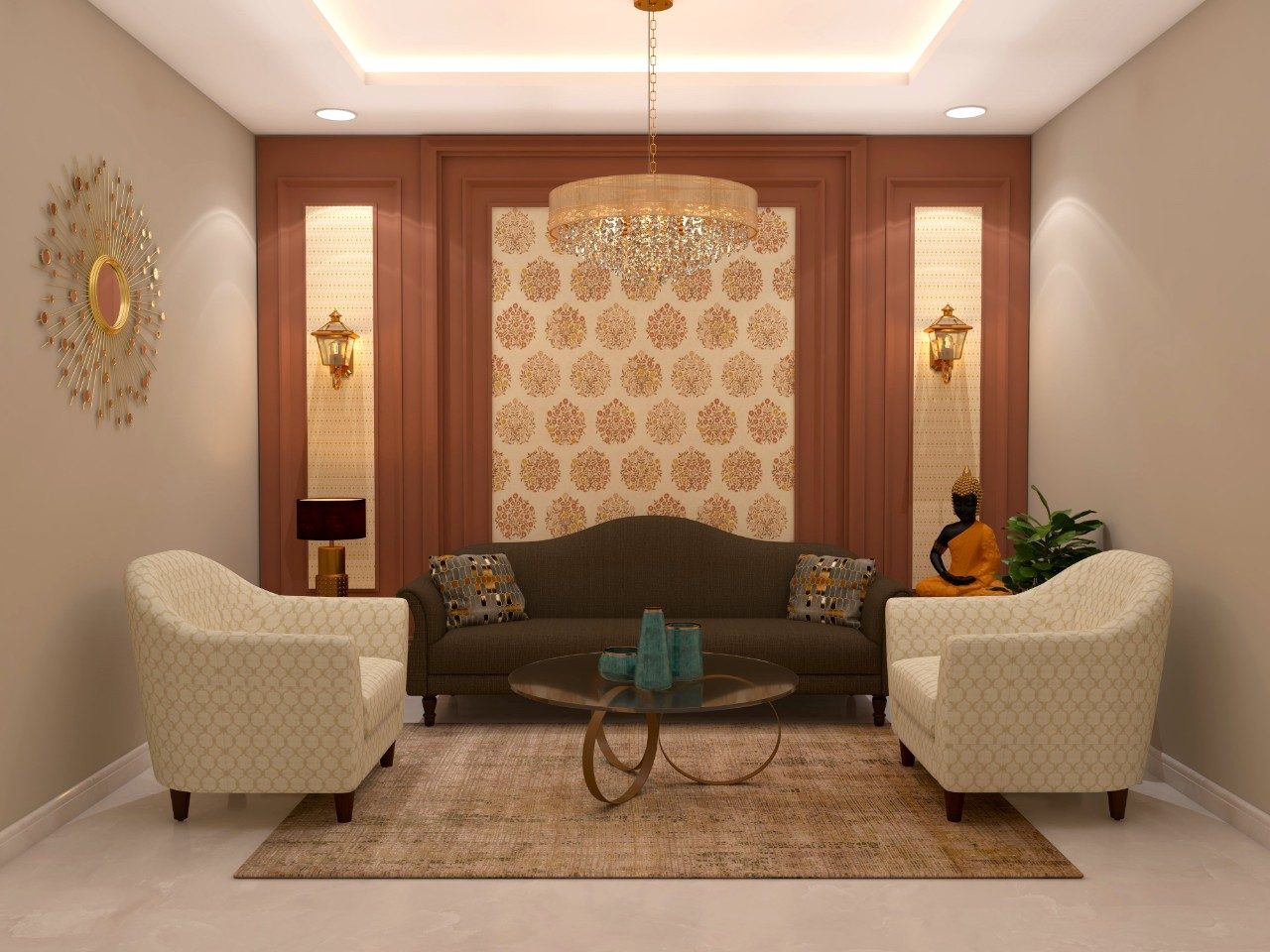 Traditional living room with a sofa and two white armchairs-Beautiful Homes