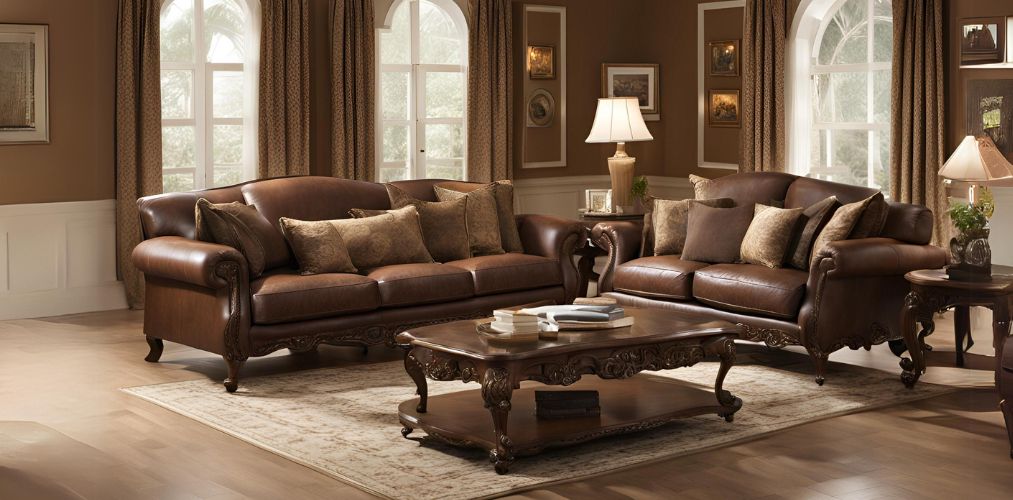 Traditional living room with brown leather upholstered sofas and wooden center table - Beautiful Homes